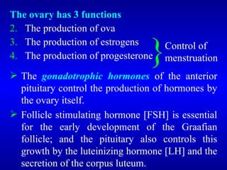 The ovary has 3 functions
2. The production of ova
3. The production of estrogens
4. The production of progesterone
}Control of
menstruation
 The gonadotrophic hormones of the anterior
pituitary control the production of hormones by
the ovary itself.
 Follicle stimulating hormone [FSH] is essential
for the early development of the Graafian
follicle; and the pituitary also controls this
growth by the luteinizing hormone [LH] and the
secretion of the corpus luteum.
 
