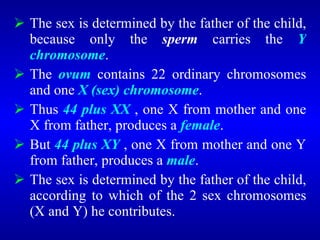  The sex is determined by the father of the child,
because only the sperm carries the Y
chromosome.
 The ovum contains 22 ordinary chromosomes
and one X (sex) chromosome.
 Thus 44 plus XX , one X from mother and one
X from father, produces a female.
 But 44 plus XY , one X from mother and one Y
from father, produces a male.
 The sex is determined by the father of the child,
according to which of the 2 sex chromosomes
(X and Y) he contributes.
 