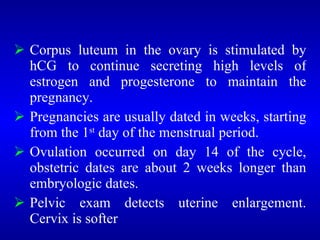  Corpus luteum in the ovary is stimulated by
hCG to continue secreting high levels of
estrogen and progesterone to maintain the
pregnancy.
 Pregnancies are usually dated in weeks, starting
from the 1st
day of the menstrual period.
 Ovulation occurred on day 14 of the cycle,
obstetric dates are about 2 weeks longer than
embryologic dates.
 Pelvic exam detects uterine enlargement.
Cervix is softer
 