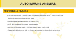 AUTO IMMUNE ANEMIAS
PERNICIOUS ANEMIA
Pernicious anemia is caused by auto-antibodies to intrinsic factor,a membrane bound
intestinal protein on gatric parietal cells
Intrinsic factor facilitates uptake of vitamin B-12
Vit B 12 is necessary for proper hemotopoesis
Number of functional mature RBC decreases below the normal
Treated with injections of vit B 12,thus circumventing the defect in its absorption
 