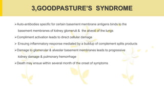3,GOODPASTURE’S SYNDROME
Auto-antibodies specific for certain basement membrane antigens binds to the
basement membranes of kidney glomeruli & the alveoli of the lungs
Compliment activation leads to direct cellular damage
 Ensuing inflammatory response mediated by a buildup of complement splits products
Damage to glomerular & alveolar basement membranes leads to progressive
kidney damage & pulmonary hemorrhage
Death may ensue within several month of the onset of symptoms
 