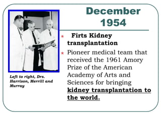 December 
1954 
Firts Kidney 
transplantation 
Pioneer medical team that 
received the 1961 Amory 
Prize of the American 
Academy of Arts and 
Sciences for bringing 
kidney transplantation to 
the world. 
Left to right, Drs. 
Harrison, Merrill and 
Murray 
 