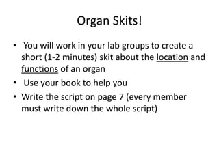 Organ Skits!
• You will work in your lab groups to create a
short (1-2 minutes) skit about the location and
functions of an organ
• Use your book to help you
• Write the script on page 7 (every member
must write down the whole script)
 