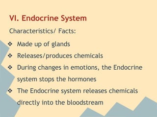 VI. Endocrine System
Characteristics/ Facts:
❖ Made up of glands
❖ Releases/produces chemicals
❖ During changes in emotions, the Endocrine
system stops the hormones
❖ The Endocrine system releases chemicals
directly into the bloodstream

 