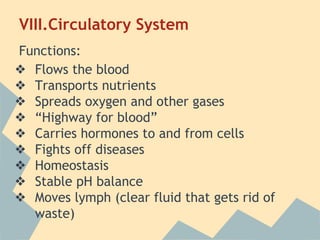 VIII.Circulatory System
Functions:
❖ Flows the blood
❖ Transports nutrients
❖ Spreads oxygen and other gases
❖ “Highway for blood”
❖ Carries hormones to and from cells
❖ Fights off diseases
❖ Homeostasis
❖ Stable pH balance
❖ Moves lymph (clear fluid that gets rid of
waste)

 