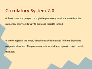 Circulatory System 2.0
4. From there it is pumped through the pulmonary semilunar valve into the
pulmonary artery on its way to the lungs (heart to lungs.)

5. When it gets to the lungs, carbon dioxide is released from the blood and
oxygen is absorbed. The pulmonary vein sends the oxygen-rich blood back to
the heart.

 