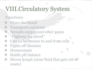 VIII.Circulatory System
Functions:
❖ Flows the blood
❖ Transports nutrients
❖ Spreads oxygen and other gases
❖ “Highway for blood”
❖ Carries hormones to and from cells
❖ Fights off diseases
❖ Homeostasis
❖ Stable pH balance
❖ Moves lymph (clear fluid that gets rid of
waste)

 