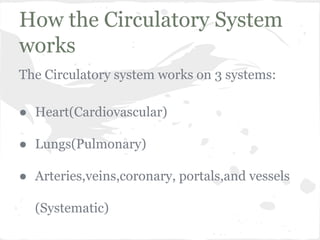 How the Circulatory System
works
The Circulatory system works on 3 systems:
● Heart(Cardiovascular)
● Lungs(Pulmonary)
● Arteries,veins,coronary, portals,and vessels
(Systematic)

 