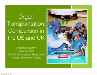 Organ
          Transplantation:
           Comparison in
          the US and UK
                   Amanda Goodwin
                     Summer 2011
             N4003: Comparative Healthcare:
               Nursing in Northern Ireland




Sunday, May 29, 2011
 