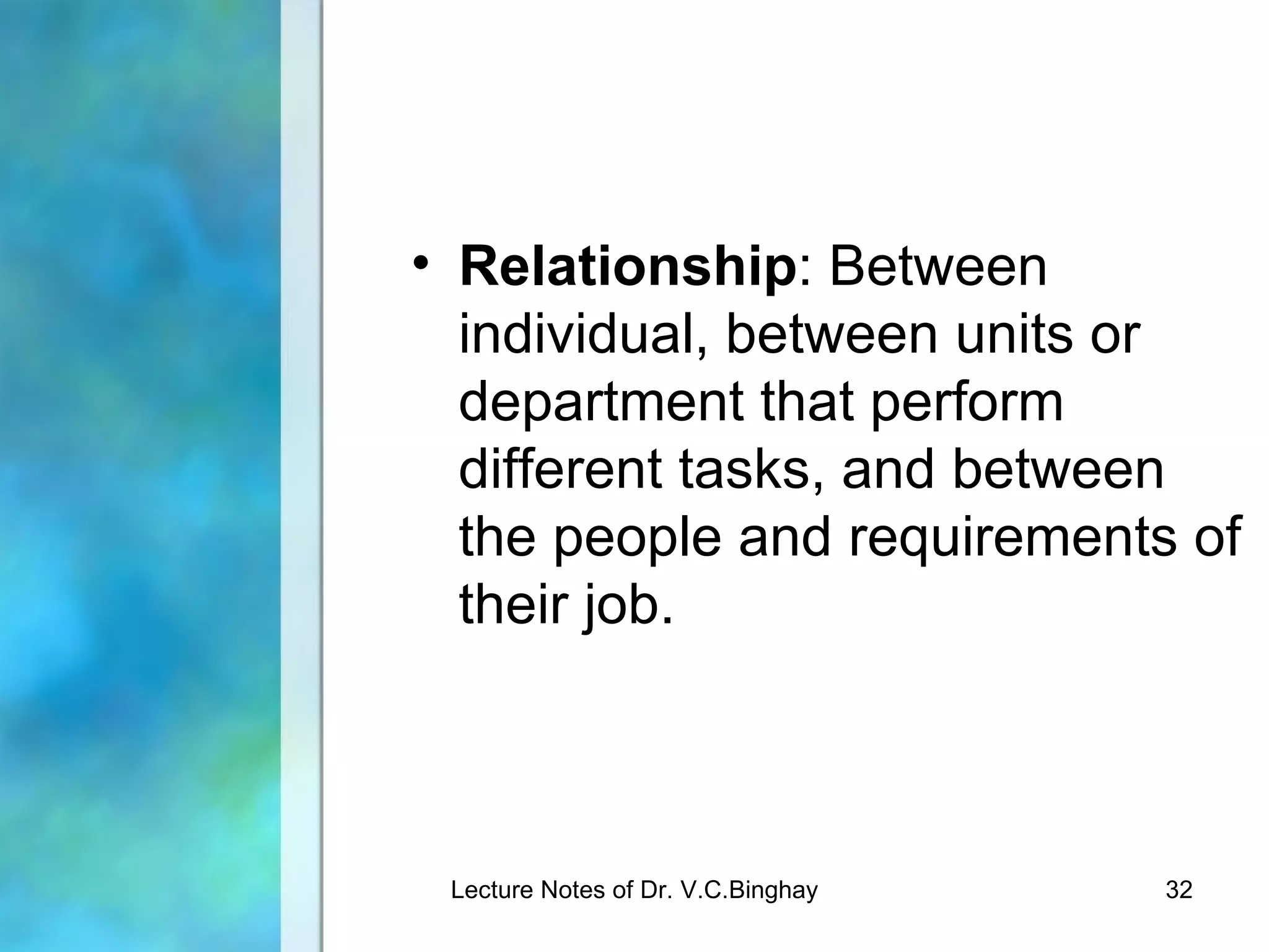 • Relationship: Between
  individual, between units or
  department that perform
  different tasks, and between
  the people and requirements of
  their job.



 Lecture Notes of Dr. V.C.Binghay   32
 