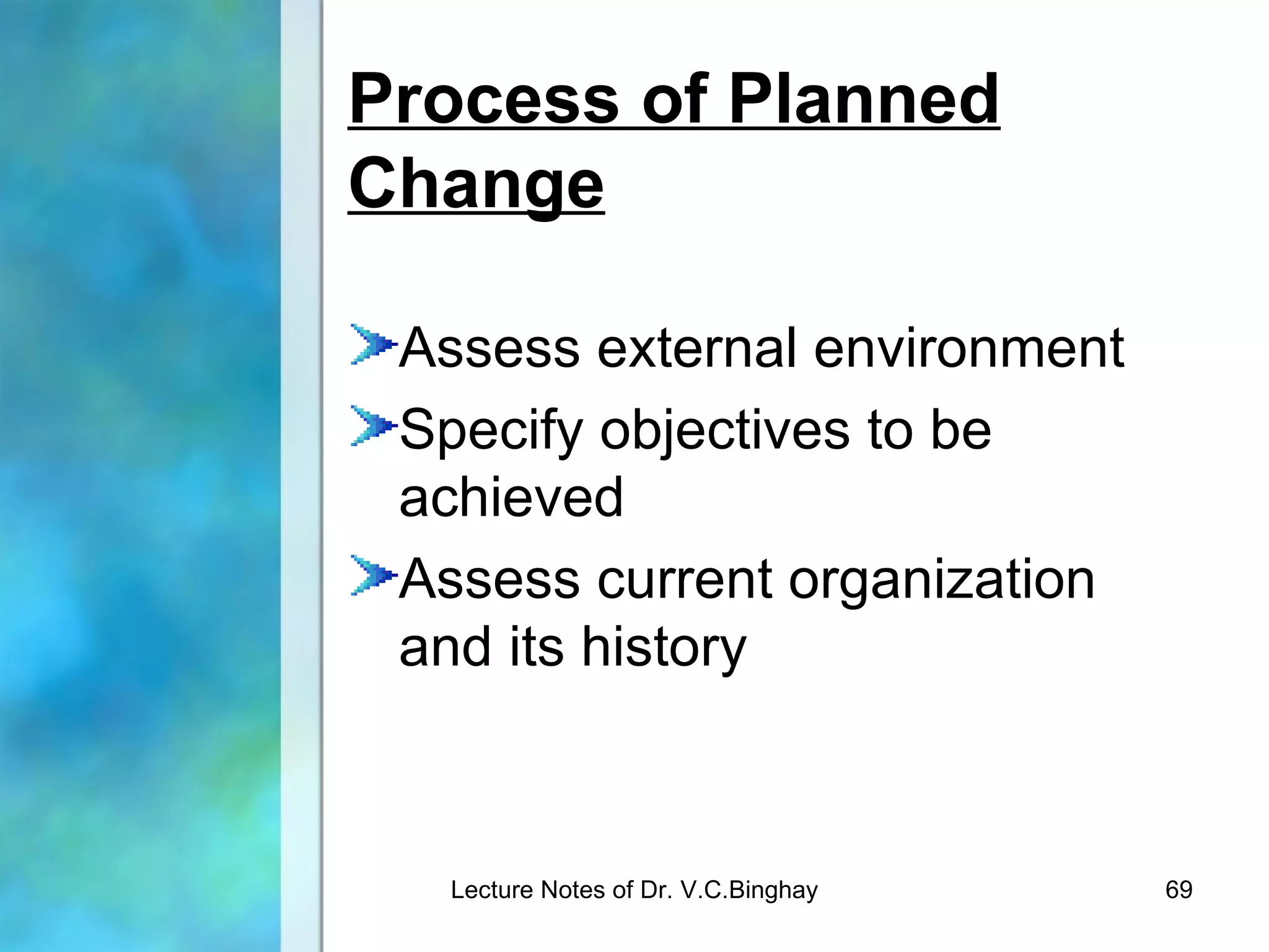 Process of Planned
Change

 Assess external environment
 Specify objectives to be
 achieved
 Assess current organization
 and its history



  Lecture Notes of Dr. V.C.Binghay   69
 