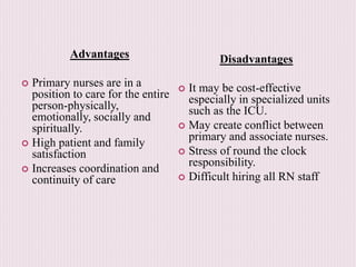 Advantages
 Primary nurses are in a
position to care for the entire
person-physically,
emotionally, socially and
spiritually.
 High patient and family
satisfaction
 Increases coordination and
continuity of care
Disadvantages
 It may be cost-effective
especially in specialized units
such as the ICU.
 May create conflict between
primary and associate nurses.
 Stress of round the clock
responsibility.
 Difficult hiring all RN staff
 
