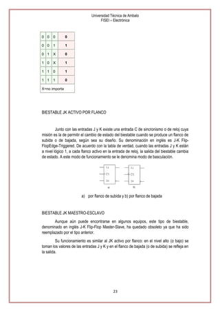 Universidad Técnica de Ambato
FISEI – Electrónica

0 0

0

0

0 0

1

1

0 1

X

0

1 0

X

1

1 1

0

1

1 1

1

0

X=no importa

BIESTABLE JK ACTIVO POR FLANCO

Junto con las entradas J y K existe una entrada C de sincronismo o de reloj cuya
misión es la de permitir el cambio de estado del biestable cuando se produce un flanco de
subida o de bajada, según sea su diseño. Su denominación en inglés es J-K FlipFlopEdge-Triggered. De acuerdo con la tabla de verdad, cuando las entradas J y K están
a nivel lógico 1, a cada flanco activo en la entrada de reloj, la salida del biestable cambia
de estado. A este modo de funcionamiento se le denomina modo de basculación.

a) por flanco de subida y b) por flanco de bajada

BIESTABLE JK MAESTRO-ESCLAVO
Aunque aún puede encontrarse en algunos equipos, este tipo de biestable,
denominado en inglés J-K Flip-Flop Master-Slave, ha quedado obsoleto ya que ha sido
reemplazado por el tipo anterior.
Su funcionamiento es similar al JK activo por flanco: en el nivel alto (o bajo) se
toman los valores de las entradas J y K y en el flanco de bajada (o de subida) se refleja en
la salida.

23

 