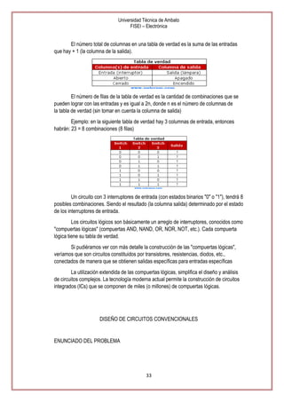 Universidad Técnica de Ambato
FISEI – Electrónica

El número total de columnas en una tabla de verdad es la suma de las entradas
que hay + 1 (la columna de la salida).

El número de filas de la tabla de verdad es la cantidad de combinaciones que se
pueden lograr con las entradas y es igual a 2n, donde n es el número de columnas de
la tabla de verdad (sin tomar en cuenta la columna de salida)
Ejemplo: en la siguiente tabla de verdad hay 3 columnas de entrada, entonces
habrán: 23 = 8 combinaciones (8 filas)

Un circuito con 3 interruptores de entrada (con estados binarios "0" o "1"), tendrá 8
posibles combinaciones. Siendo el resultado (la columna salida) determinado por el estado
de los interruptores de entrada.
Los circuitos lógicos son básicamente un arreglo de interruptores, conocidos como
"compuertas lógicas" (compuertas AND, NAND, OR, NOR, NOT, etc.). Cada compuerta
lógica tiene su tabla de verdad.
Si pudiéramos ver con más detalle la construcción de las "compuertas lógicas",
veríamos que son circuitos constituidos por transistores, resistencias, diodos, etc.,
conectados de manera que se obtienen salidas específicas para entradas específicas
La utilización extendida de las compuertas lógicas, simplifica el diseño y análisis
de circuitos complejos. La tecnología moderna actual permite la construcción de circuitos
integrados (ICs) que se componen de miles (o millones) de compuertas lógicas.

DISEÑO DE CIRCUITOS CONVENCIONALES

ENUNCIADO DEL PROBLEMA

33

 
