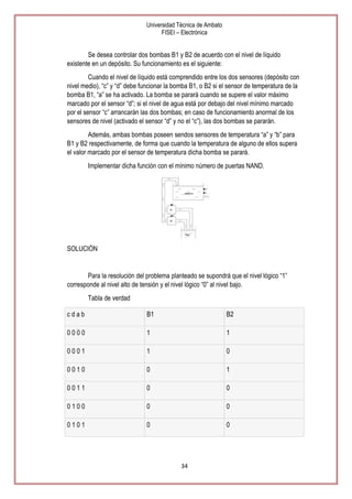 Universidad Técnica de Ambato
FISEI – Electrónica

Se desea controlar dos bombas B1 y B2 de acuerdo con el nivel de líquido
existente en un depósito. Su funcionamiento es el siguiente:
Cuando el nivel de líquido está comprendido entre los dos sensores (depósito con
nivel medio), ―c‖ y ―d‖ debe funcionar la bomba B1, o B2 si el sensor de temperatura de la
bomba B1, ―a‖ se ha activado. La bomba se parará cuando se supere el valor máximo
marcado por el sensor ―d‖; si el nivel de agua está por debajo del nivel mínimo marcado
por el sensor ―c‖ arrancarán las dos bombas; en caso de funcionamiento anormal de los
sensores de nivel (activado el sensor ―d‖ y no el ―c‖), las dos bombas se pararán.
Además, ambas bombas poseen sendos sensores de temperatura ―a‖ y ―b‖ para
B1 y B2 respectivamente, de forma que cuando la temperatura de alguno de ellos supera
el valor marcado por el sensor de temperatura dicha bomba se parará.
Implementar dicha función con el mínimo número de puertas NAND.

SOLUCIÓN

Para la resolución del problema planteado se supondrá que el nivel lógico ―1‖
corresponde al nivel alto de tensión y el nivel lógico ―0‖ al nivel bajo.
Tabla de verdad
cdab

B1

B2

0000

1

1

0001

1

0

0010

0

1

0011

0

0

0100

0

0

0101

0

0

34

 