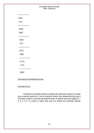 Universidad Técnica de Ambato
FISEI – Electrónica

———————
10001
-1101
———————
01000
- 0000
———————
10000
- 1101
———————
00111
- 0000
———————
01110
- 1101
———————
00001

SISTEMAS DE REPRESENTACION:

SISTEMA OCTAL

El sistema de numeración octal es un sistema de numeración en base 8, una base
que es potencia exacta de 2 o de la numeración binaria. Esta característica hace que la
conversión a binario o viceversa sea bastante simple. El sistema octal usa 8 dígitos (0, 1,
2, 3, 4, 5, 6, 7) y tienen el mismo valor que en el sistema de numeración decimal.

42

 