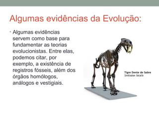 Algumas evidências da Evolução:
• Algumas evidências
servem como base para
fundamentar as teorias
evolucionistas. Entre elas,
podemos citar, por
exemplo, a existência de
registros fósseis, além dos
órgãos homólogos,
análogos e vestigiais.