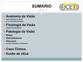 SUMÁRIO
 Anatomia da Visão
 Como funciona os olhos?
 A Cor dos olhos humanos
 Fisiologia da Visão
 Células Fotoreceptoras
 Patologia da Visão
 Miopia
 Retinoblastoma
 Glaucoma
 Causas, Sintomas e Tratamentos
 Caso Clínico.
 Ilusão de ótica
 