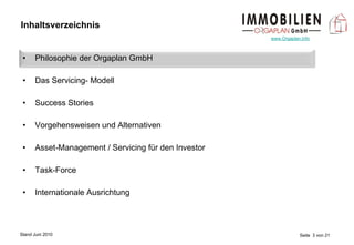 Inhaltsverzeichnis Philosophie der Orgaplan GmbH Das Servicing- Modell Success Stories Vorgehensweisen und Alternativen Asset-Management / Servicing für den Investor Task-Force Internationale Ausrichtung 