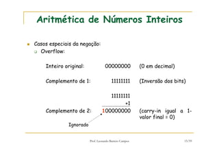 Prof. Leonardo Barreto Campos 15/59
Aritmética de Números Inteiros
Casos especiais da negação:
Overflow:
Inteiro original: 00000000 (0 em decimal)
Complemento de 1: 11111111 (Inversão dos bits)
11111111
+1
Complemento de 2: 100000000 (carry-in igual a 1-
valor final = 0)
Ignorado
 