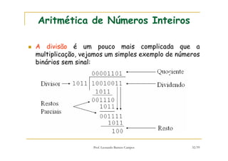 Prof. Leonardo Barreto Campos 32/59
Aritmética de Números Inteiros
A divisão é um pouco mais complicada que a
multiplicação, vejamos um simples exemplo de números
binários sem sinal:
 