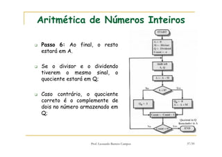 Prof. Leonardo Barreto Campos 37/59
Aritmética de Números Inteiros
Passo 6: Ao final, o resto
estará em A.
Se o divisor e o dividendo
tiverem o mesmo sinal, o
quociente estará em Q;
Caso contrário, o quociente
correto é o complemente de
dois no número armazenado em
Q;
 