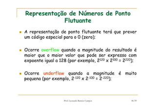 Prof. Leonardo Barreto Campos 46/59
Representação de Números de Ponto
Flutuante
A representação de ponto flutuante terá que prever
um código especial para o 0 (zero);
Ocorre overflow quando a magnitude do resultado é
maior que o maior valor que pode ser expresso com
expoente igual a 128 (por exemplo, 2120 x 2100 = 2220);
Ocorre underflow quando a magnitude é muito
pequena (por exemplo, 2-120 x 2-100 = 2-220);
 
