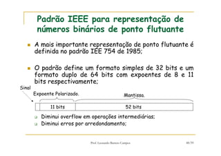 Prof. Leonardo Barreto Campos 48/59
Padrão IEEE para representação de
números binários de ponto flutuante
A mais importante representação de ponto flutuante é
definida no padrão IEE 754 de 1985;
O padrão define um formato simples de 32 bits e um
formato duplo de 64 bits com expoentes de 8 e 11
bits respectivamente;
Diminui overflow em operações intermediárias;
Diminui erros por arredondamento;
Expoente Polarizado. Mantissa.
Sinal
52 bits11 bits
 