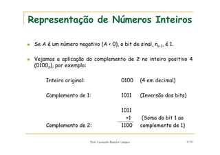 Prof. Leonardo Barreto Campos 9/59
Representação de Números Inteiros
Se A é um número negativo (A < 0), o bit de sinal, na-1, é 1.
Vejamos a aplicação do complemento de 2 no inteiro positivo 4
(01002), por exemplo:
Inteiro original: 0100 (4 em decimal)
Complemento de 1: 1011 (Inversão dos bits)
1011
+1 (Soma do bit 1 ao
Complemento de 2: 1100 complemento de 1)
 