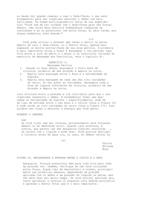 ou mesmo dor quando começar a usar o Dedo-Chave, o que será
fundamental para seu organismo absorver o sêmen com mais
facilidade. Um homem multiorgasmático falou de sua experiên-
cia: "Você tem de ter cuidado com o Dedo-Chave para não forçar
demais. Uma noite meus músculos bombeadores começaram as
contrações e eu os pressionei com muita força. E, mais tarde, por
alguns momentos, eles doeram."
110
Você pode aliviar a pressão que venha a sentir na pelve
depois de usar o Dedo-chave, ou o Desvio Total, apenas mas-
sageando os muitos pontos-chave de sua área pélvica. A primeira
e mais importante coisa a fazer é massagear o seu períneo (que
fica entre a raiz do pênis e o ânus) e os testículos (através do
exercício da Massagem dos Testículos, veja o Capítulo 8).
EXERCÍCIO 11
Massagem Pélvica
1. Usando os seus dedos, massageie o Ponto Rafe em
círculos, primeiro em uma direção e depois na outra.
2. Repita esta massagem entre o ânus e a extremidade da
espinha.
3. Repita esta massagem em cada uma das oito cavidades
do sacro. Se não achar as cavidades, massageie toda a
área em lugares diferentes em círculos, primeiro em uma
direção e depois na outra.
Isto aliviará muito a pressão e irá contribuir para que o seu
organismo reabsorva o sêmen. É fundamental fazer uma mas-
sagem na extremidade da espinha - especificamente, onde há
um tipo de entrada entre o seu ânus e o cóccix (veja a Figura 16)
e onde estão as oito cavidades do sacro (veja a Figura 17): Isso
ajudará seu corpo a absorver a energia que você gerou.
ACHANDO O CAMINHO
DOR
Se você tiver uma dor intensa, provavelmente está forçando
demais ou se demorando muito. Quando isso acontece, a
uretra, que parece com uma mangueira flexível encolhida ,
se dilata com o líquido e pode doer. Você precisa desligar
a torneira antes da água (ou, no caso, do sêmen) entrar na
111
Góccix
Entrada
Ánus
FIGURA 16. MASSAGEANDO A ENTRADA ENTRE O CÓCCIX E O ANUS
mangueira. Procure pressionar bem para trás e/où mais cedo
da próxima vez. Também, verifique se não está colocando
muita força. Algum tipo de desconforto é normal, principal-
mente nas primeiras semanas, dependendo da pressão
aplicada com os dedos e da pressão do líquido na pelve, mas
não deve doer por muito tempo. Se você estiver sentindo dor,
tente aprimorar a técnica ou esquecer esta medida provisória
e aprenda o Desvio Total que é o mais importante.
 