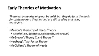 Early Theories of Motivation
These early theories may not be valid, but they do form the basis
for contemporary theories and are still used by practicing
managers.
•Maslow’s Hierarchy of Needs Theory
• Alderfer’s ERG (Existence, Relatedness, and Growth)
•McGregor’s Theory X and Theory Y
•Herzberg’s Two-Factor Theory
•McClelland’s Theory of Needs
 