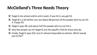 McClelland’s Three Needs Theory
▣ Target A sits almost within arm’s reach. If you hit it, you get $2.
▣ Target B is a bit farther out, but about 80 percent of the people who try can hit
it. It pays $4.
▣ Target C pays $8, and about half the people who try can hit it.
▣ Very few people can hit Target D, but the payoff is $16 for those who do.
▣ Finally, Target E pays $32, but it’s almost impossible to achieve. Which would
you try for?
 