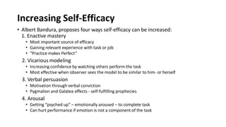 Increasing Self-Efficacy
• Albert Bandura, proposes four ways self-efficacy can be increased:
1. Enactive mastery
• Most important source of efficacy
• Gaining relevant experience with task or job
• “Practice makes Perfect”
2. Vicarious modeling
• Increasing confidence by watching others perform the task
• Most effective when observer sees the model to be similar to him- or herself
3. Verbal persuasion
• Motivation through verbal conviction
• Pygmalion and Galatea effects - self-fulfilling prophecies
4. Arousal
• Getting “psyched up” – emotionally aroused – to complete task
• Can hurt performance if emotion is not a component of the task
 