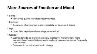 More Sources of Emotion and Mood
• Sleep
• Poor sleep quality increases negative affect
• Exercise
• Does somewhat improve mood, especially for depressed people
• Age
• Older folks experience fewer negative emotions
• Gender
• Women tend to be more emotionally expressive, feel emotions more
intensely, have longer lasting moods, and express emotions more frequently
than do men
• Due more to socialization than to biology
 