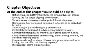 Chapter Objectives
At the end of this chapter you should be able to:
• Define groups and differentiate between different types of groups.
• Identify the five stages of group development.
• Show how role requirements change in different situations.
• Demonstrate how norms and status exert influence on an individual’s
behavior.
• Show how group size affects group performance.
• Contrast the benefits and disadvantages of cohesive groups.
• Contrast the strengths and weaknesses of group decision making.
• Compare the effectiveness of interacting, brainstorming, nominal, and
electronic meeting groups.
• Evaluate evidence for cultural differences in group status and social
loafing, and the effects of diversity in groups.
• Discuss about teams in organizations
 