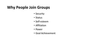 Why People Join Groups
• Security
• Status
• Self-esteem
• Affiliation
• Power
• Goal Achievement
 