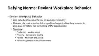 Defying Norms: Deviant Workplace Behavior
• Deviant Workplace Behavior
• Also called antisocial behavior or workplace incivility
• Voluntary behavior that violates significant organizational norms and, in
doing so, threatens the well-being of the organization
• Typology:
• Production – working speed
• Property – damage and stealing
• Political – favoritism and gossip
• Personal Aggression – sexual harassment
 