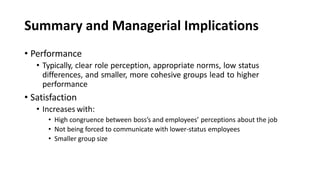 Summary and Managerial Implications
• Performance
• Typically, clear role perception, appropriate norms, low status
differences, and smaller, more cohesive groups lead to higher
performance
• Satisfaction
• Increases with:
• High congruence between boss’s and employees’ perceptions about the job
• Not being forced to communicate with lower-status employees
• Smaller group size
 