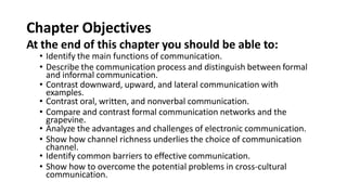 Chapter Objectives
At the end of this chapter you should be able to:
• Identify the main functions of communication.
• Describe the communication process and distinguish between formal
and informal communication.
• Contrast downward, upward, and lateral communication with
examples.
• Contrast oral, written, and nonverbal communication.
• Compare and contrast formal communication networks and the
grapevine.
• Analyze the advantages and challenges of electronic communication.
• Show how channel richness underlies the choice of communication
channel.
• Identify common barriers to effective communication.
• Show how to overcome the potential problems in cross-cultural
communication.
 