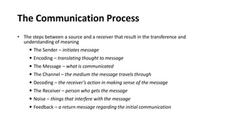 The Communication Process
• The steps between a source and a receiver that result in the transference and
understanding of meaning
◾ The Sender – initiates message
◾ Encoding – translating thought to message
◾ The Message – what is communicated
◾ The Channel – the medium the message travels through
◾ Decoding – the receiver’s action in making sense of the message
◾ The Receiver – person who gets the message
◾ Noise – things that interfere with the message
◾ Feedback – a return message regarding the initial communication
 