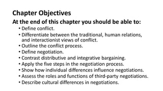 Chapter Objectives
At the end of this chapter you should be able to:
• Define conflict.
• Differentiate between the traditional, human relations,
and interactionist views of conflict.
• Outline the conflict process.
• Define negotiation.
• Contrast distributive and integrative bargaining.
• Apply the five steps in the negotiation process.
• Show how individual differences influence negotiations.
• Assess the roles and functions of third-party negotiations.
• Describe cultural differences in negotiations.
 