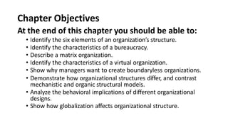 Chapter Objectives
At the end of this chapter you should be able to:
• Identify the six elements of an organization’s structure.
• Identify the characteristics of a bureaucracy.
• Describe a matrix organization.
• Identify the characteristics of a virtual organization.
• Show why managers want to create boundaryless organizations.
• Demonstrate how organizational structures differ, and contrast
mechanistic and organic structural models.
• Analyze the behavioral implications of different organizational
designs.
• Show how globalization affects organizational structure.
 