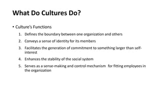 What Do Cultures Do?
• Culture’s Functions
1. Defines the boundary between one organization and others
2. Conveys a sense of identity for its members
3. Facilitates the generation of commitment to something larger than self-
interest
4. Enhances the stability of the social system
5. Serves as a sense-making and control mechanism for fitting employees in
the organization
 