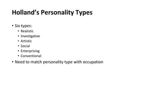Holland’s Personality Types
• Six types:
• Realistic
• Investigative
• Artistic
• Social
• Enterprising
• Conventional
• Need to match personality type with occupation
 