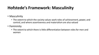 Hofstede’s Framework: Masculinity
• Masculinity
• The extent to which the society values work roles of achievement, power, and
control, and where assertiveness and materialism are also valued
• Femininity
• The extent to which there is little differentiation between roles for men and
women
 