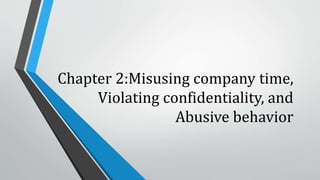Ethical Dilemmas
Cognitive dissonance – when a person has two conflicting ideas or beliefs – this often occurs
when someone’s own values differ from those of the company (Ethical Dilemmas)  people
will act unethically to avoid losing their job or to show their loyalty to their company
• In this instance they may be torn and act in a way that is not a reflection of their true
beliefs
• Personal attitudes, both positive and negative, directly affect the work attitude
• It is hard to work with or for people who have bad attitudes, this makes a hostile work
environment and can alter/lower the productivity rate especially is the person with the
bad attitude is a person in power and uses abusive behavior
 