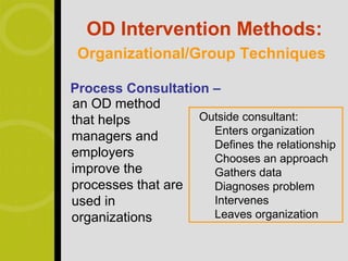 OD Intervention Methods:
 Organizational/Group Techniques

Process Consultation –
an OD method
that helps         Outside consultant:
                     Enters organization
managers and
                     Defines the relationship
employers            Chooses an approach
improve the          Gathers data
processes that are   Diagnoses problem
used in              Intervenes
organizations        Leaves organization
 
