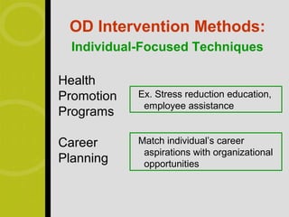 OD Intervention Methods:
  Individual-Focused Techniques

Health
Promotion   Ex. Stress reduction education,
             employee assistance
Programs

Career      Match individual’s career
             aspirations with organizational
Planning     opportunities
 