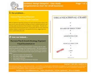 business design blueprint —case study                                                                 Page 1 of 3
                            (organizational chart for small business)


1 the problem…
  Unknown Report ng Structure
           Prev ous Aud t C tat ons
With no defined reporting structure or chain of command in place, this 
was sure to raise yet another red flag on Victor’s medical practice’s up‐
coming audit (see Business Parts Analysis—Case Study).  The lack of a 
documented structure proved that a formal plan did not exist which the 
auditors believe compromises the quality of service, suggesting that 
work is performed willy nilly.  



2 how we helped…
  Bus ness Plan & Growth Strategy Al gnment
         V sual Documentat on
We carefully reviewed and analyzed Victor’s business plan to under‐
stand the growth strategy of his medical practice.  We transcribed his 
                                                                                                   RE
                                                                                                FO
verbal goals, coupled with the results of their Business Parts Analysis, 
and designed a reporting structure that clearly and visually communi‐
cates: 
                                                                                             BE
    • what work needs to be performed 
    • how work is allocated amongst staff 
    • who needs to be hired 
    • relationships amongst all personnel resources 


                                                                                                           Copyright © 2007-2011. Equilibria, Inc.
This case study is based on actual facts and data. In our efforts to uphold client confidentiality, we disguise and sometimes eliminate revealing data.
The business design blueprint shown in this case study is the property of Equilibria, Inc. and is intended to be used for educational purposes only.
Reproduction and distribution without authorization is prohibited.
             Equilibria, Inc. | www.EQBsystems.com | Twitter: @EquilibriaInc | YouTube: EquilibriaInc | We’re on LinkedIn!
 