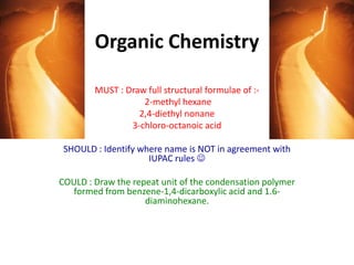 Organic Chemistry

        MUST : Draw full structural formulae of :-
                   2-methyl hexane
                  2,4-diethyl nonane
                3-chloro-octanoic acid

 SHOULD : Identify where name is NOT in agreement with
                     IUPAC rules 

COULD : Draw the repeat unit of the condensation polymer
   formed from benzene-1,4-dicarboxylic acid and 1.6-
                    diaminohexane.
 
